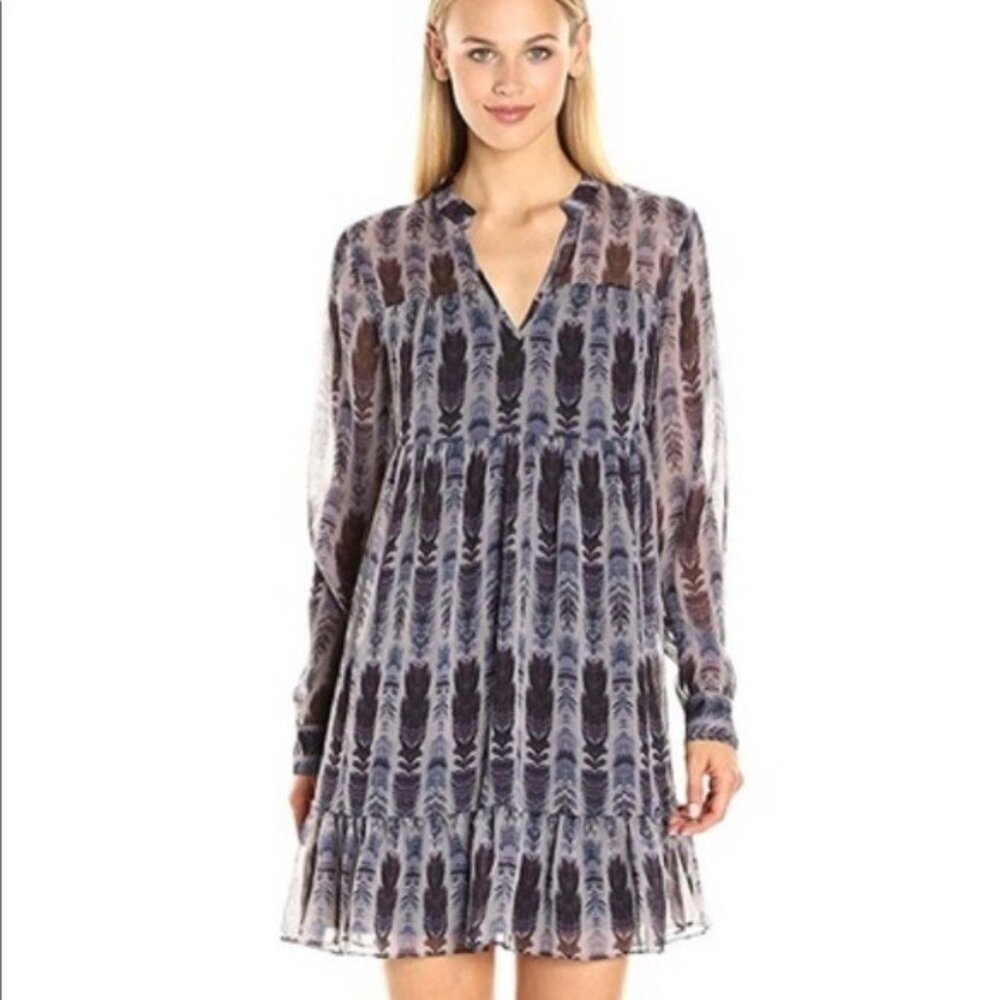 BCBGeneration Tiered Boho Festival Feather‑Print Overlay Mini Dress‎ - Size M
